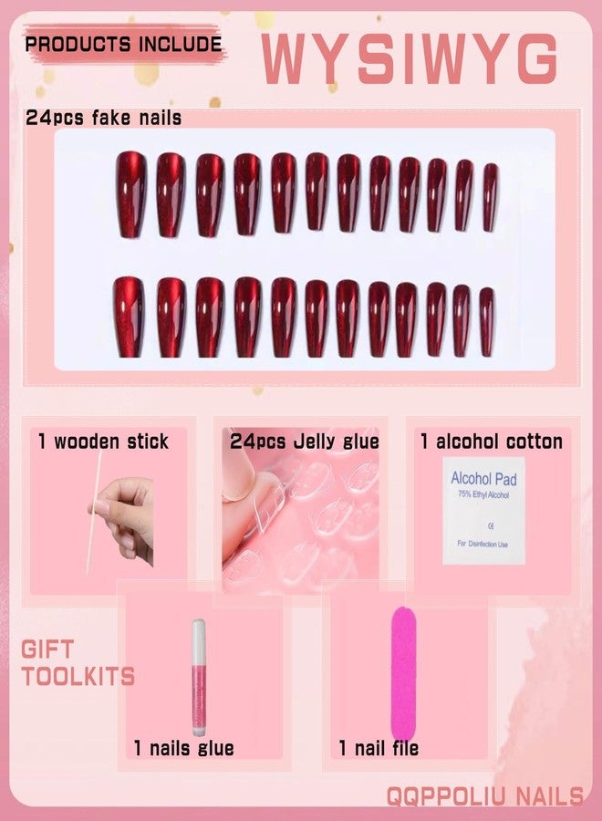 QQPPOLIU Red Press on Nails Coffin Shape Fake Nails Long False Nails with Cat Eye Design Glitter Glue on Nails for Women 24PCS - Image 2