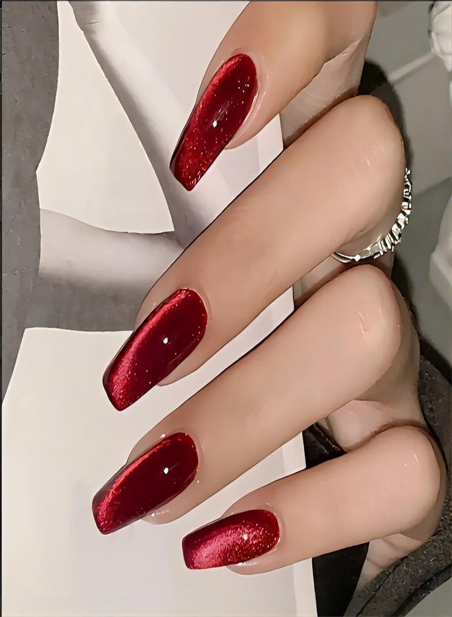 QQPPOLIU Red Press on Nails Coffin Shape Fake Nails Long False Nails with Cat Eye Design Glitter Glue on Nails for Women 24PCS - Image 1