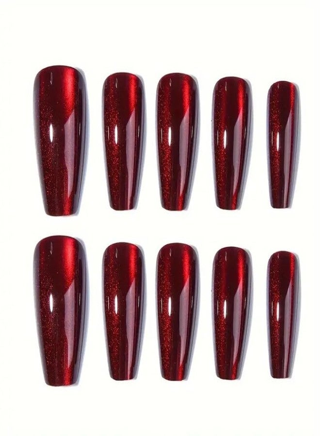 QQPPOLIU Red Press on Nails Coffin Shape Fake Nails Long False Nails with Cat Eye Design Glitter Glue on Nails for Women 24PCS - Image 3