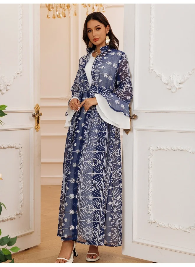 Madam Uniq Elegant Embroidered Bell Sleeve Long Dress with Cardigan Two-Piece Set