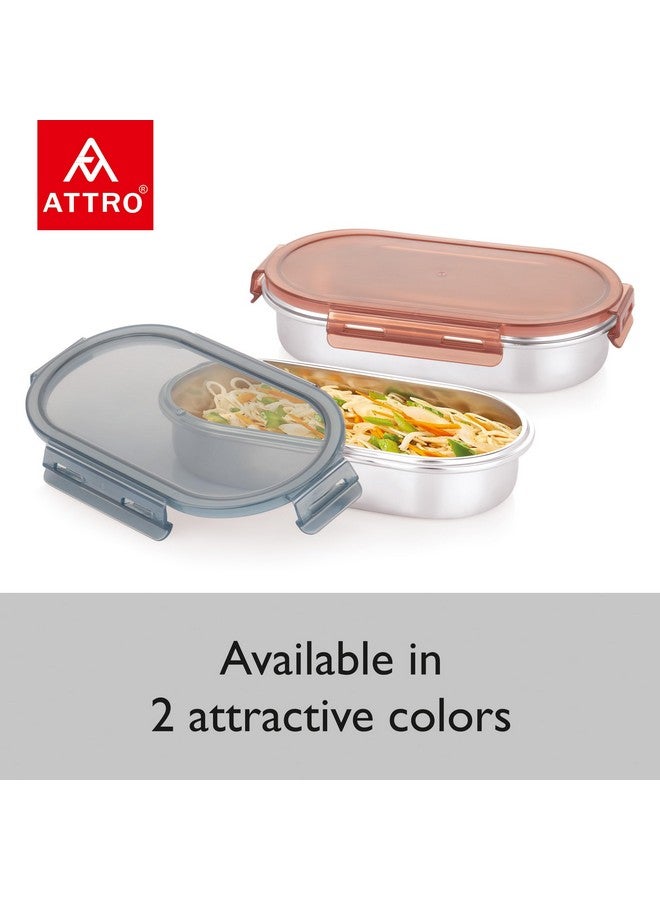 Attro Steelox Oval Stainless Steel Container with Plastic Seal Lid BPA Free Food Grade Leak-Proof Ideal for School, Office & Outdoor Lunch Pack - 540ml Grey - Image 3