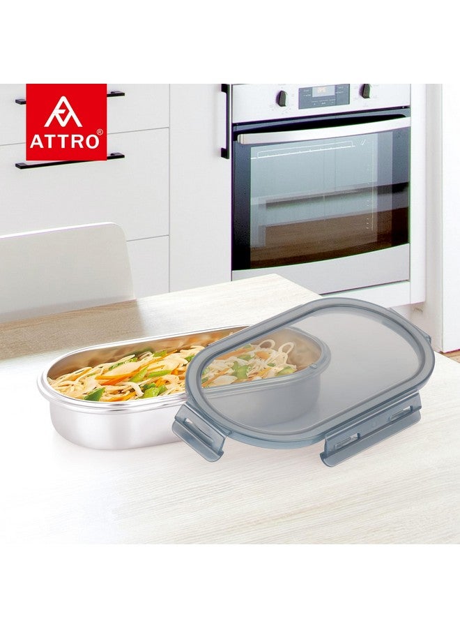 Attro Steelox Oval Stainless Steel Container with Plastic Seal Lid BPA Free Food Grade Leak-Proof Ideal for School, Office & Outdoor Lunch Pack - 540ml Grey - Image 2