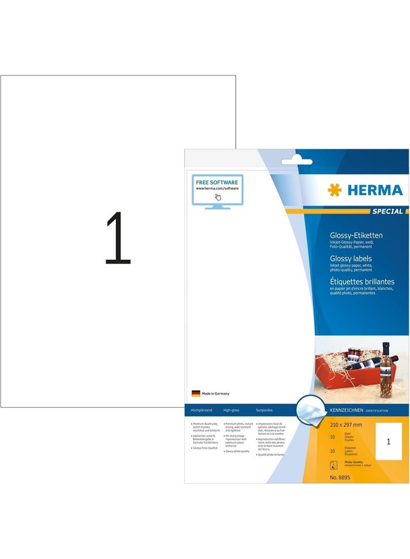 HERMA Inkjet High Gloss Labels Self-Adhesive White A4 Photo-Quality Sticker Paper, 1 Label Per Sheet 210x297mm, Permanent Waterproof Finish Photo & Logo Printing Paper, 10 Sheets Pack - No. 8895 - Image 1