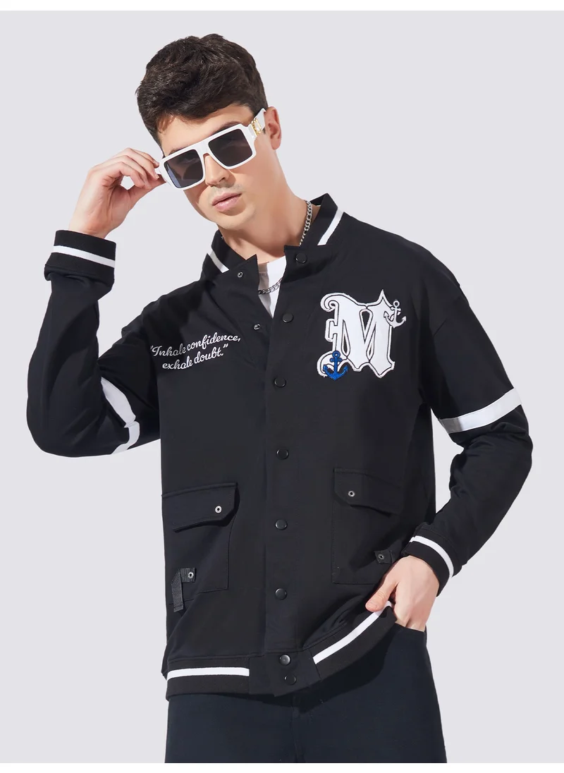 Maniac Maniac Mens Printed High Neck Fullsleeve Black and White Loopnet Slim fit Jacket