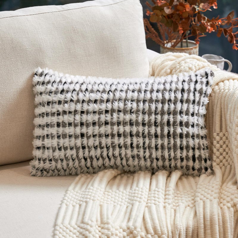 Aeckself Boho Chenille Tufted Pillow Cover 12x20 Inch, Rectangle Decorative Lumbar Throw Pillow Cover Neutral Pillowcase for Couch Bedroom Living Room, Black Gray - Image 1