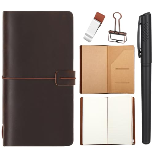 Thenshop Travelers Refillable Leather Journal Notebook Travel Diary Handmade Passport Travelers Journal for Men and Women with 3 Notebook Inserts, Pen Holder, Binder Clip(Dark Brown,Stand Size) - Image 1