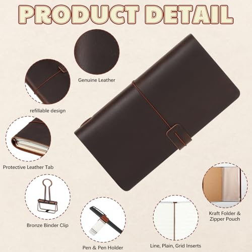 Thenshop Travelers Refillable Leather Journal Notebook Travel Diary Handmade Passport Travelers Journal for Men and Women with 3 Notebook Inserts, Pen Holder, Binder Clip(Dark Brown,Stand Size) - Image 3