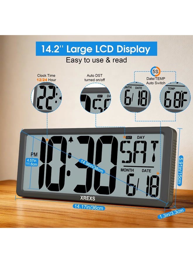XREXS Large Digital Wall Clock, Battery Operated Alarm Clocks for Bedroom Home Decor, Count Up & Down Timer, 14.17 Inch Large LCD Screen with Time/Calendar/Temperature Display (Batteries Included) - Image 2