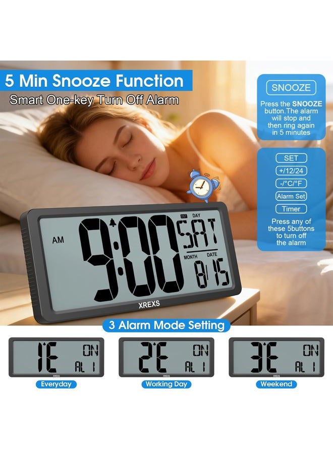 XREXS Large Digital Wall Clock, Battery Operated Alarm Clocks for Bedroom Home Decor, Count Up & Down Timer, 14.17 Inch Large LCD Screen with Time/Calendar/Temperature Display (Batteries Included) - Image 3