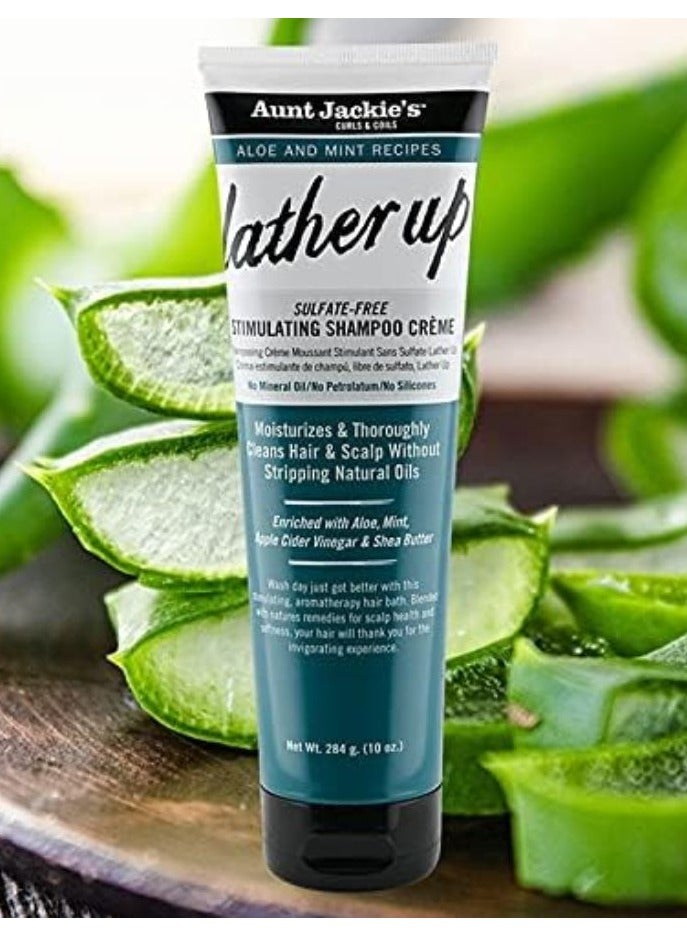 Aunt Jackie's Aloe Mint Recipes Lather Up Stimulating Hair Moisturizing Shampoo Creme Sulfate Free for All Hair Types and Textures Green 10 Oz - Image 1