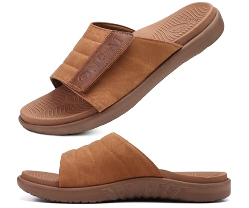 ONCAI Mens Sandals Adjustable Straps Orthotic Plantar Fasciitis Open Toe Athletic Sport Slides with Soft Comfy Arch Support Footbed Khaki Size 10.5 - Image 1