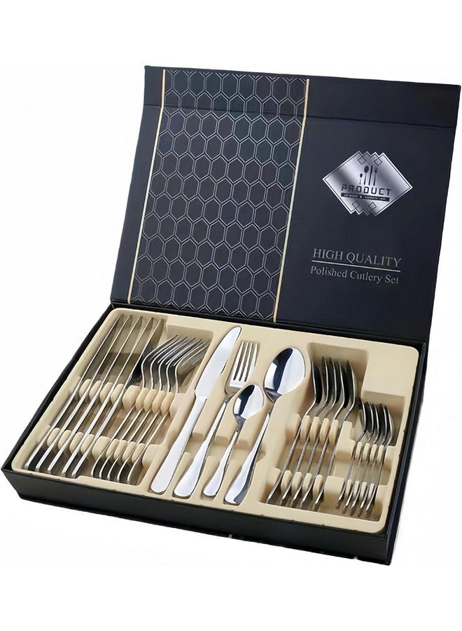 Iktu 24-Piece Stainless Steel Cutlery Set, Mirror Polished Tableware, Dishwasher Safe, Suitable for Housewarming Gift, Dining Table Decor (Silver) - Image 1