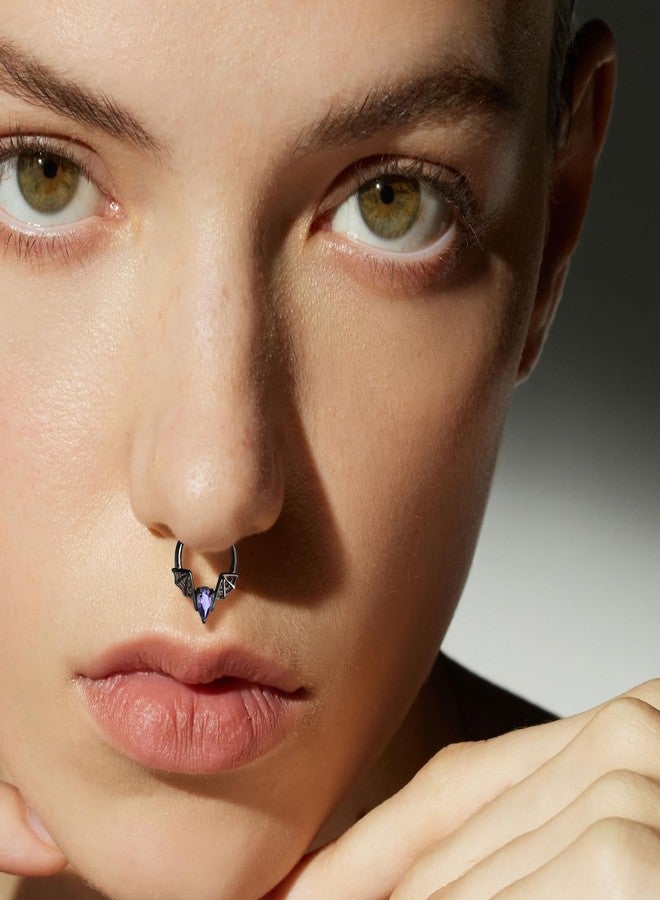 FANSING Teardrop Gemmed Halloween Septum Jewelry 16g Bat Septum Rings for Women 16 Gauge 10mm Hinged Piercing Hoop Ring Surgical Steel Black - Image 2