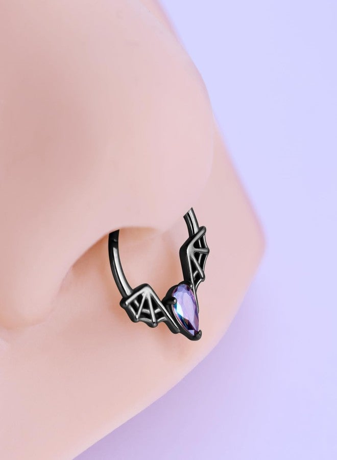 FANSING Teardrop Gemmed Halloween Septum Jewelry 16g Bat Septum Rings for Women 16 Gauge 10mm Hinged Piercing Hoop Ring Surgical Steel Black - Image 5