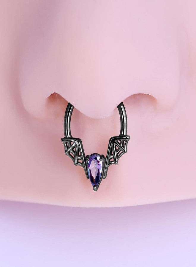 FANSING Teardrop Gemmed Halloween Septum Jewelry 16g Bat Septum Rings for Women 16 Gauge 10mm Hinged Piercing Hoop Ring Surgical Steel Black - Image 4