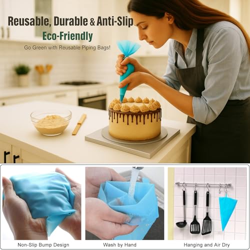 WOFEIS Piping Bags and Tips Set, Reusable Cake Decorating Supplies with 2 Reusable Bags, 12 Icing Tips, 2 Silicone Rings, 2 Couplers and 3 Scrapers, Cake Baking Tools for Cookie Icing Cupcakes - Image 2