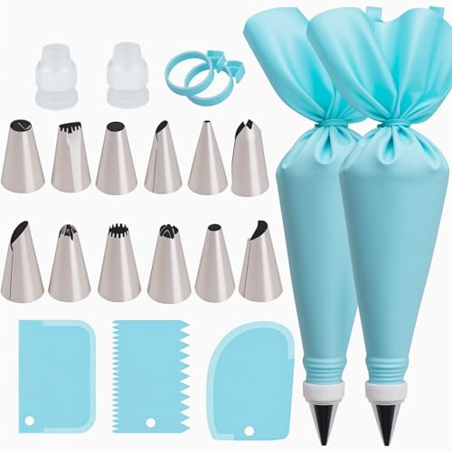 WOFEIS Piping Bags and Tips Set, Reusable Cake Decorating Supplies with 2 Reusable Bags, 12 Icing Tips, 2 Silicone Rings, 2 Couplers and 3 Scrapers, Cake Baking Tools for Cookie Icing Cupcakes - Image 1