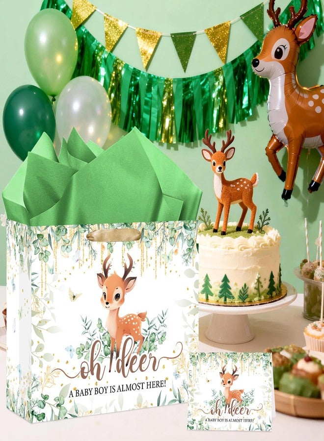 LUUFILx Deer Baby Shower Bag Decorations for Boys Oh Deer Gift Wrap Bag with Wrapping Paper Card Woodland Party Favors A Baby Boy Is Almost Here Goodie Bags for Newborn Kids Birthday Gender Reveal Supplies - Image 2