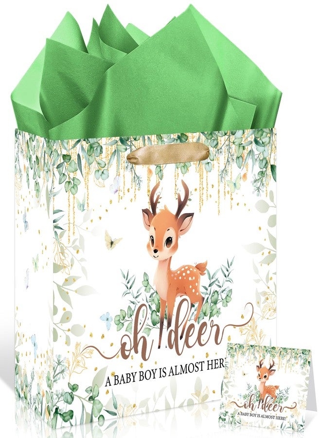 LUUFILx Deer Baby Shower Bag Decorations for Boys Oh Deer Gift Wrap Bag with Wrapping Paper Card Woodland Party Favors A Baby Boy Is Almost Here Goodie Bags for Newborn Kids Birthday Gender Reveal Supplies - Image 1