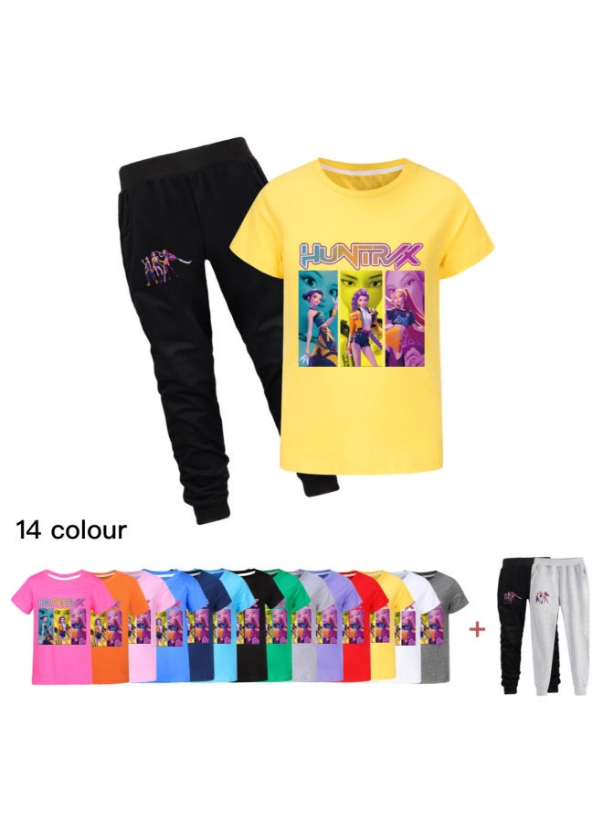 US Kpop Demon Slayer Round Neck Cartoon Print T-shirt Men Women Kids Top And Pants Set Multi-color Matching - Image 5