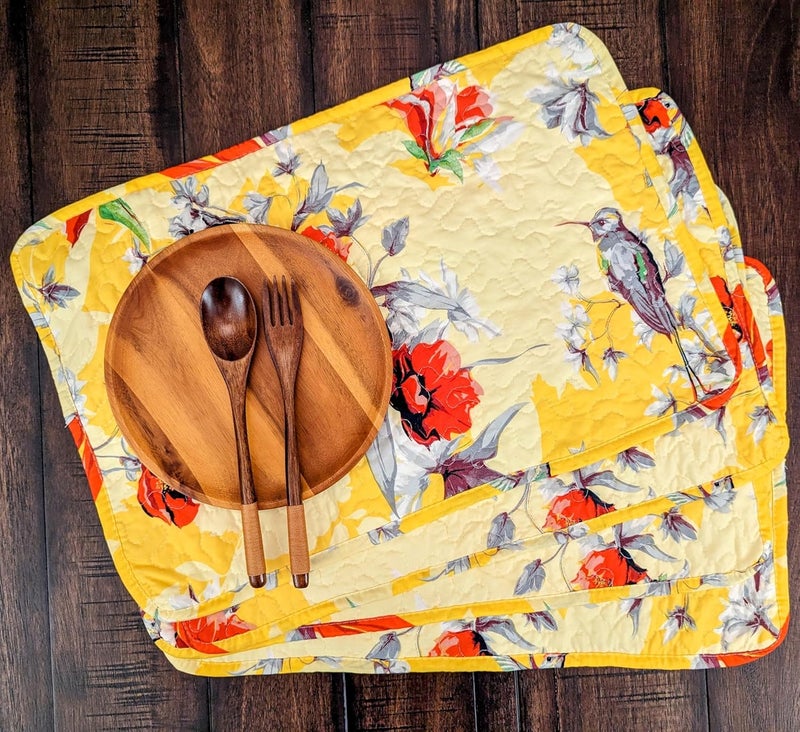 DaDa Bedding Radiant Sunshine Yellow Floral Dining Table Placemats  Set of 4Pieces Quilted Hummingbirds Farmhouse Red Flowers  13 x 19 - Image 1