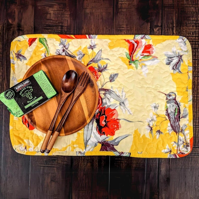 DaDa Bedding Radiant Sunshine Yellow Floral Dining Table Placemats  Set of 4Pieces Quilted Hummingbirds Farmhouse Red Flowers  13 x 19 - Image 3