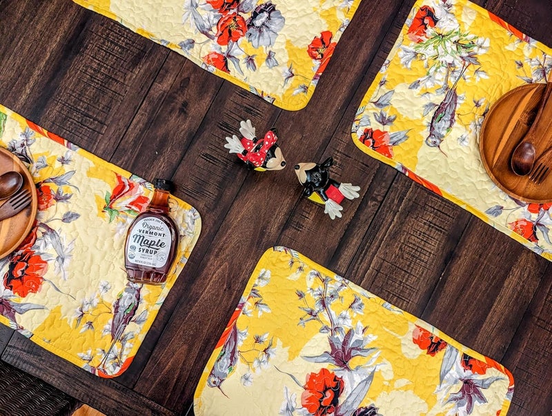 DaDa Bedding Radiant Sunshine Yellow Floral Dining Table Placemats  Set of 4Pieces Quilted Hummingbirds Farmhouse Red Flowers  13 x 19 - Image 2