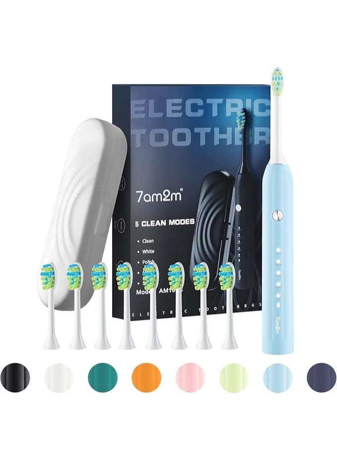 7AM2M Sonic Electric Toothbrush for Adults and Kids, with Travel Case & 8 Brush Heads, 5 Modes with 2 Minutes Build in Smart Timer, Roman Column Handle Design (Light Blue) - Image 1