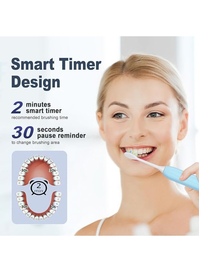 7AM2M Sonic Electric Toothbrush for Adults and Kids, with Travel Case & 8 Brush Heads, 5 Modes with 2 Minutes Build in Smart Timer, Roman Column Handle Design (Light Blue) - Image 3