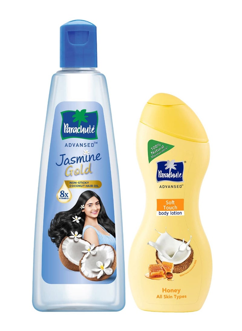 Parachute Parachute Advansed Jasmine Gold Non Sticky Coconut Hair Oil With Vitamin E For Super Shiny Hair 500ml And Soft Touch Body Lotion With Honey 100% Natural Dry Skin Moisturizer 250 ml  - Image 1