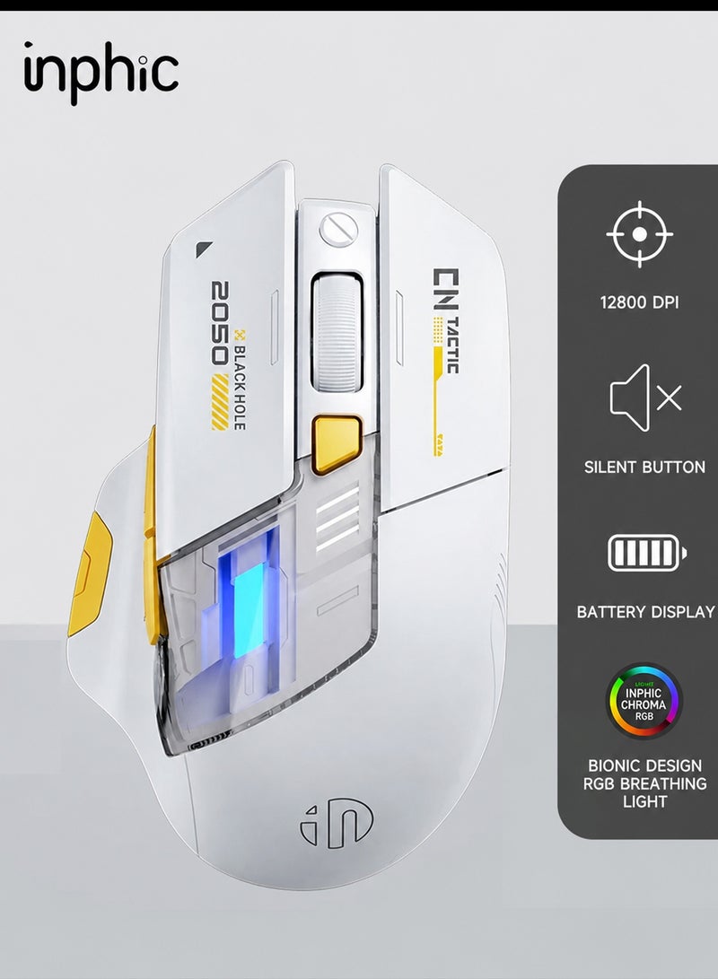 inphic Wireless Gaming Mouse, Tri-Mode Mouse Gaming with 12800 Adjustable DPI, 7 RGB Lighting & 6 Buttons, Type-C Rechargeable for Laptops, PC, Computers, Wireless White - Image 1