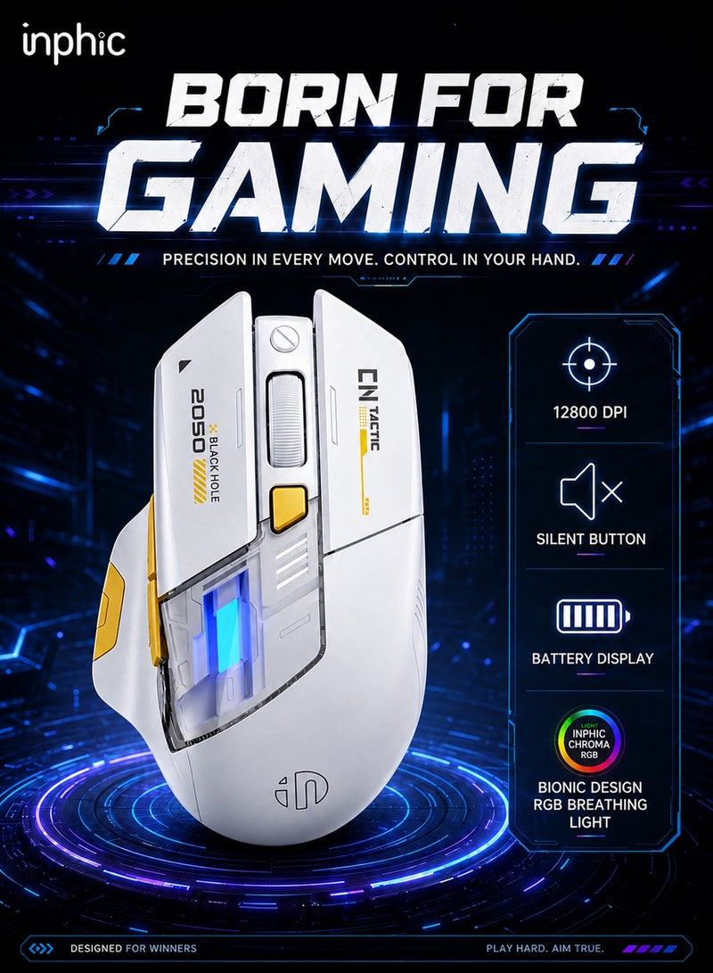 إنفيك ماوس جيمنج لاسلكي، ماوس ثلاثي الوضع 2.4G/USB-C/بلوتوث مع 12800 DPI قابل للتعديل، 7 أضواء RGB و 6 أزرار، قابل للشحن عبر Type-C لأجهزة الكمبيوتر المحمولة والكمبيوتر الشخصي، أبيض لاسلكي - Image 1