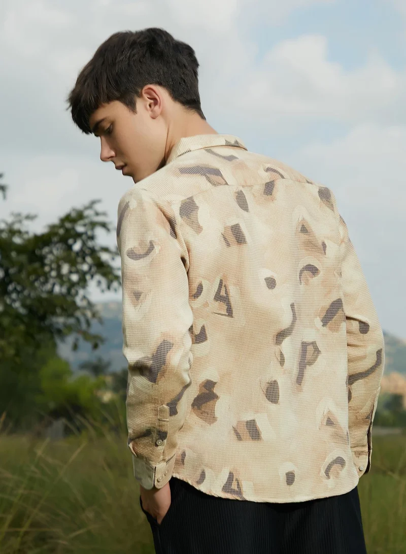 Campus Sutra Men's Saltbox Beige Nonlinear-Tactile Shirt