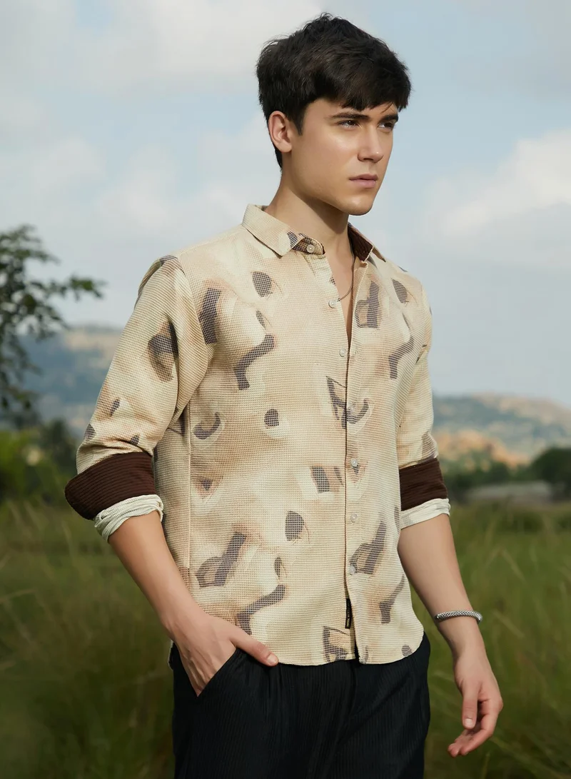Campus Sutra Men's Saltbox Beige Nonlinear-Tactile Shirt