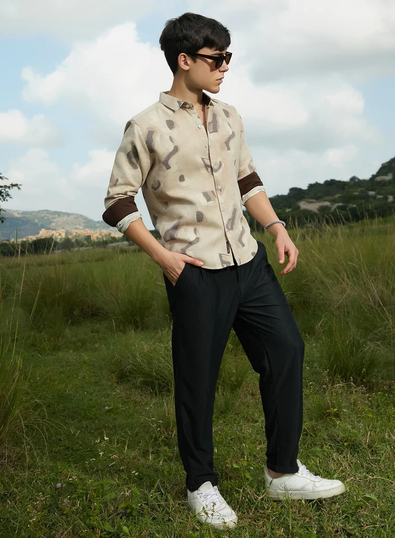 Campus Sutra Men's Saltbox Beige Nonlinear-Tactile Shirt