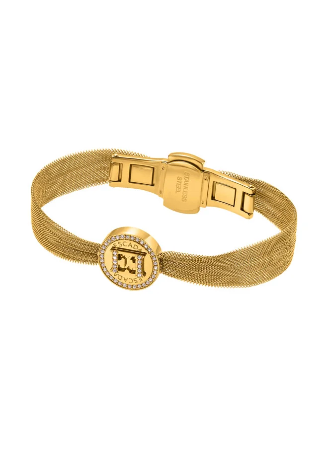 ESCADA Eleanor Bracelet for Women Gold-Plated Mesh Design, Crystal-Decked Logo Charm, Modern Luxury