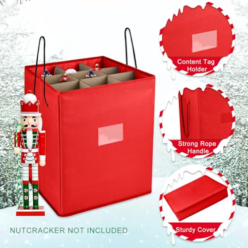 Tngan Christmas Nutcracker and Figurine Collectible Storage Box, Fits 9 Holiday Ornaments, Stores Up to 16" Tall Ornaments, Holiday Decor Organizer with Dividers, Nutcracker not Included(Red) - Image 2
