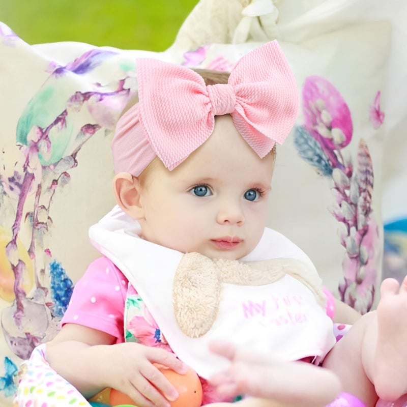 ONENINEDREAM 6â€ Easter Baby Bows Rabbit Egg Bows for Girls Newborn Easter Bunny Ears Hairbands Elastic Nylon Bows Headbands Easter Hair Accessories Pink White Blue - Image 2