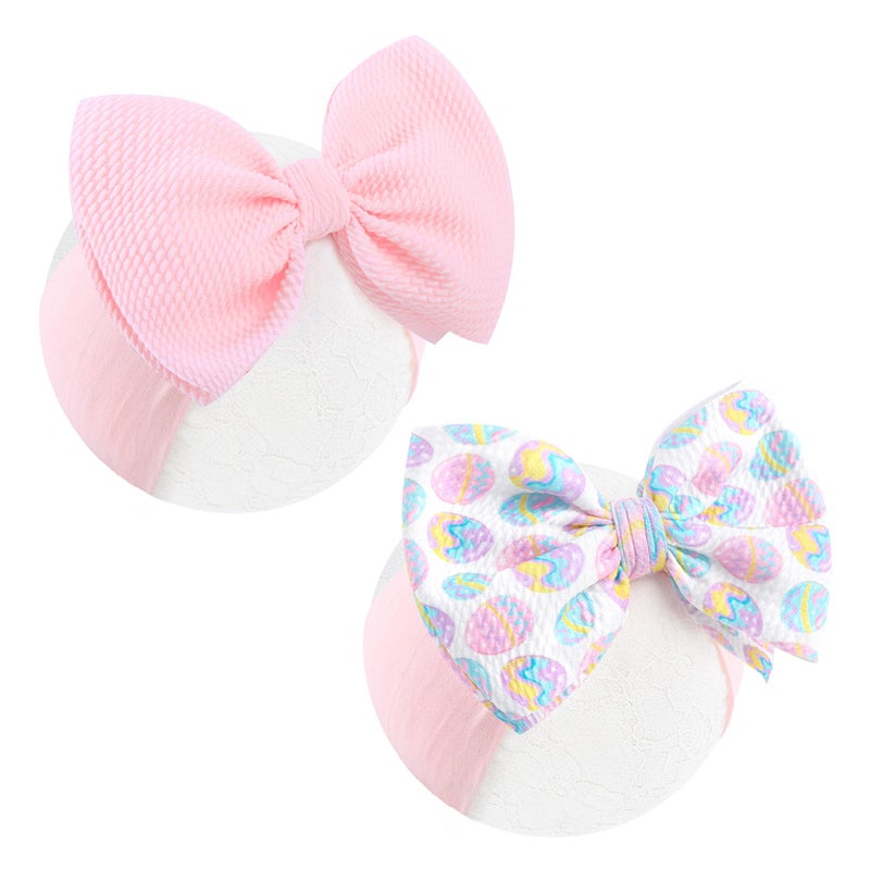 ONENINEDREAM 6â€ Easter Baby Bows Rabbit Egg Bows for Girls Newborn Easter Bunny Ears Hairbands Elastic Nylon Bows Headbands Easter Hair Accessories Pink White Blue - Image 1