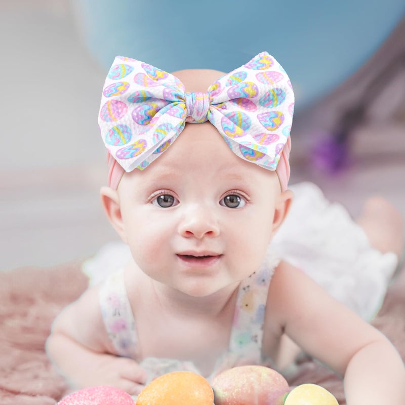 ONENINEDREAM 6â€ Easter Baby Bows Rabbit Egg Bows for Girls Newborn Easter Bunny Ears Hairbands Elastic Nylon Bows Headbands Easter Hair Accessories Pink White Blue - Image 3