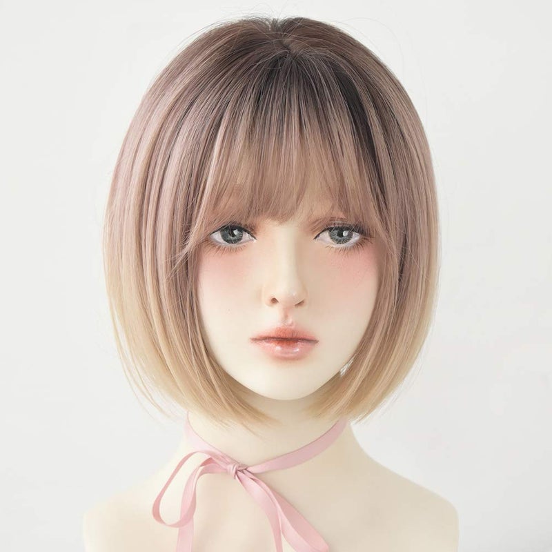 URCGTSA Blonde Short Bob Wig Straight Rose Golden Bob Wig with Bangs Synthetic Straight Bob Wig for Women Natural Looking for Daily Use Rose Gold 