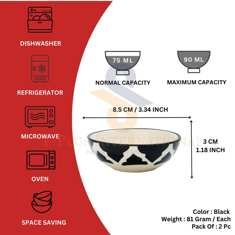 P-PLUS INTERNATIONAL Small Dessert Bowl Set | Serving Bowl for Rice, Snack, Ice Cream, Salad, Dessert, Fruit, Salsa | Hand Painted Ceramic Bowl | Microwave Safe | 75 ML 8.5 CM (Black, Set of 2) - Image 2
