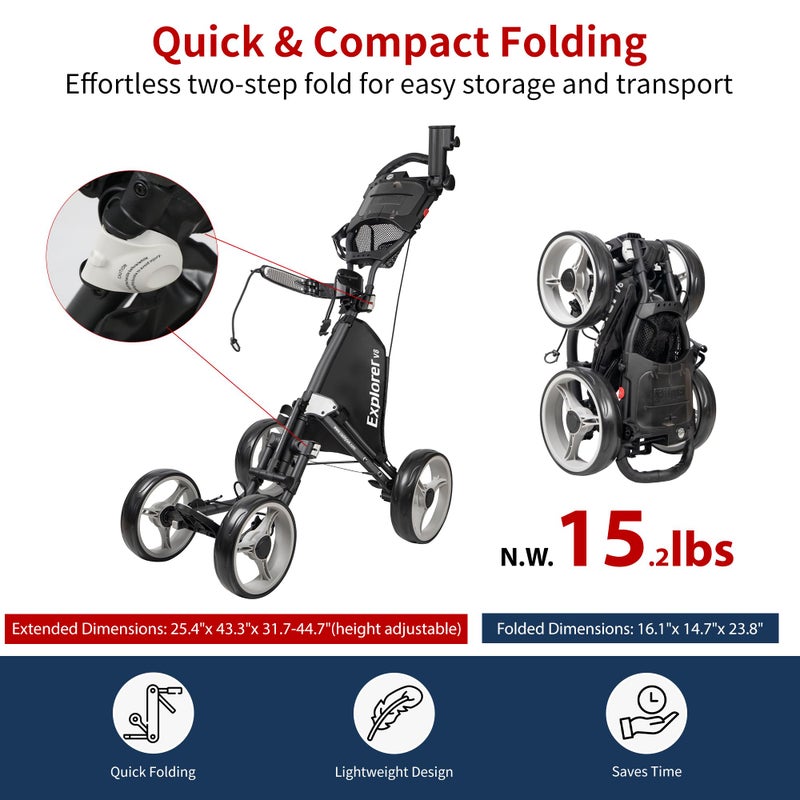 Caddytek Explorer V8 Golf Push Cart - SuperLite 4 Wheel Aluminum Foldable Cart with Adjustable Front Wheel Width, Foot Brake, Cooler Basket, Umbrella Holder, Drink Holder, Scorecard Console - Image 5