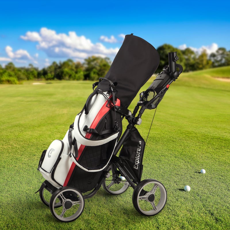 Caddytek Explorer V8 Golf Push Cart - SuperLite 4 Wheel Aluminum Foldable Cart with Adjustable Front Wheel Width, Foot Brake, Cooler Basket, Umbrella Holder, Drink Holder, Scorecard Console - Image 2