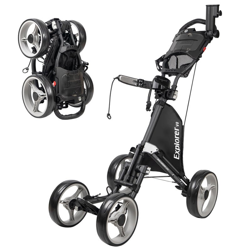 Caddytek Explorer V8 Golf Push Cart - SuperLite 4 Wheel Aluminum Foldable Cart with Adjustable Front Wheel Width, Foot Brake, Cooler Basket, Umbrella Holder, Drink Holder, Scorecard Console - Image 1