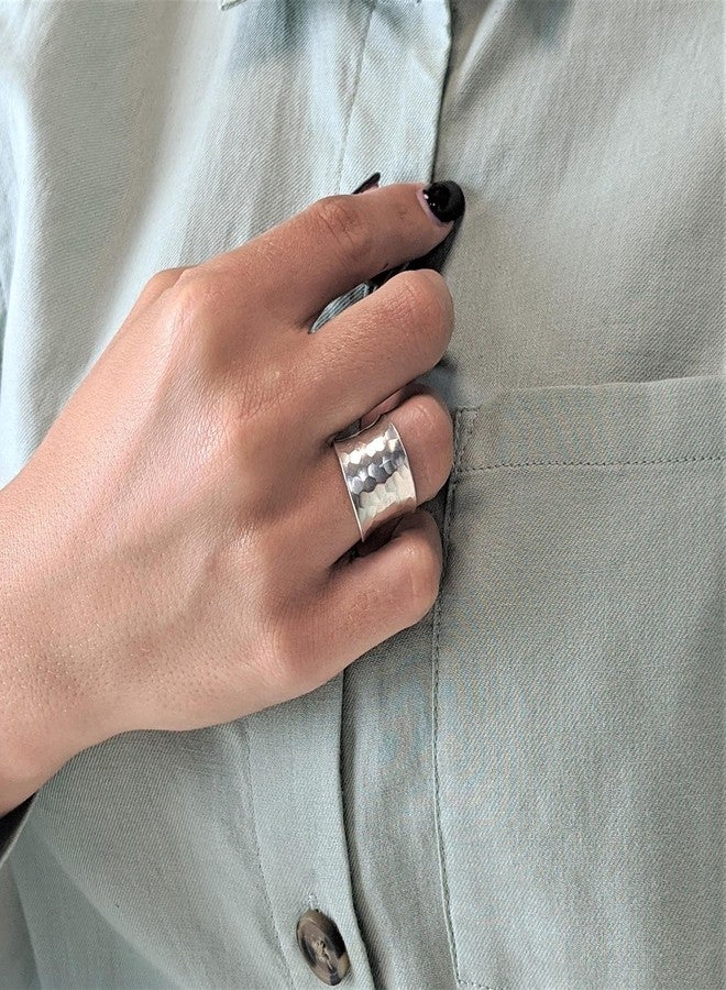 81stgeneration 999 Fine Silver Boho Ring With a Hammered Finish - Wrap Solid Silver Thumb Wide Chunky Rings - Adjustable Band for Women - Handmade Jewelry - Image 4