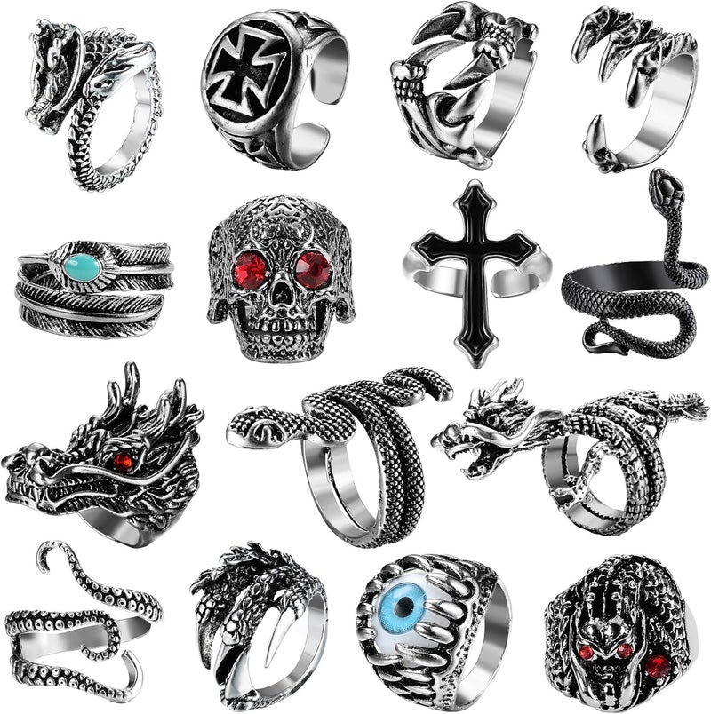 Jstyle 15Pcs Vintage Punk Rings for Men Women Snake Ring Dragon Open Rings Set Knuckle Stacking Ring Boho Finger Rings - Image 1