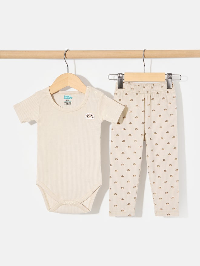 Babies Basic Premium Ribbed Cotton Printed Short Sleeves Romper and Pyjama Set - Image 4