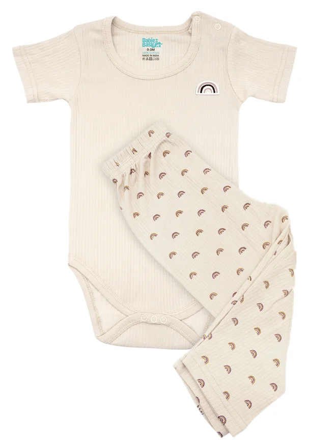 بابيز_بيسك Babies Basic Premium Ribbed Cotton Printed Short Sleeves Romper and Pyjama Set