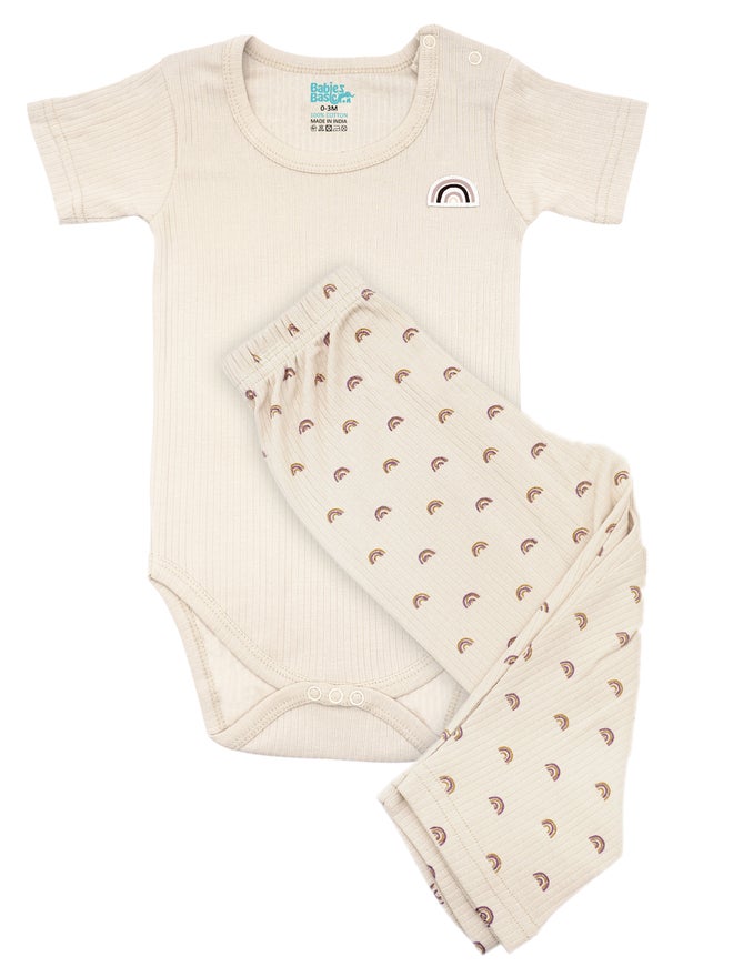 Babies Basic Premium Ribbed Cotton Printed Short Sleeves Romper and Pyjama Set - Image 1